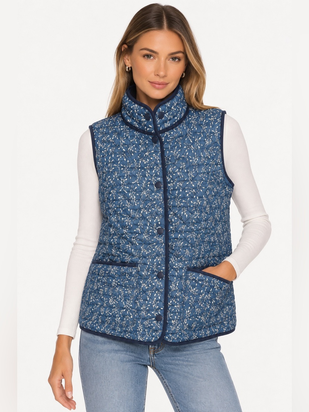 Lands' End Navy Blue Quilted Floral Vest